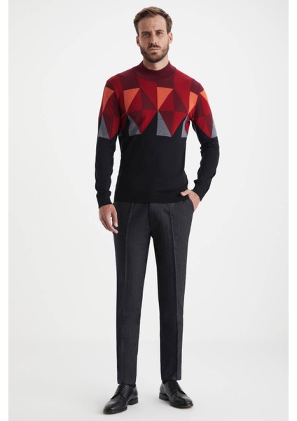Desenli Siyah-Kırmızı Yarım Balıkçı Yaka Merino Yün Triko fiyatları
