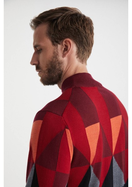 Desenli Siyah-Kırmızı Yarım Balıkçı Yaka Merino Yün Triko modelleri