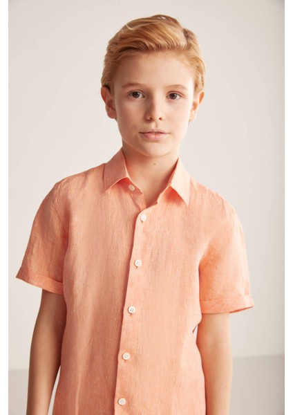 Kısa Kollu Saf Keten Turuncu Çocuk Gömlek