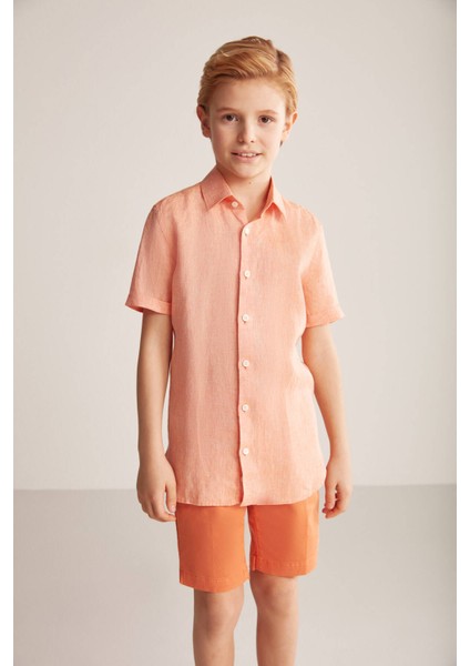Kısa Kollu Saf Keten Turuncu Çocuk Gömlek fiyatları
