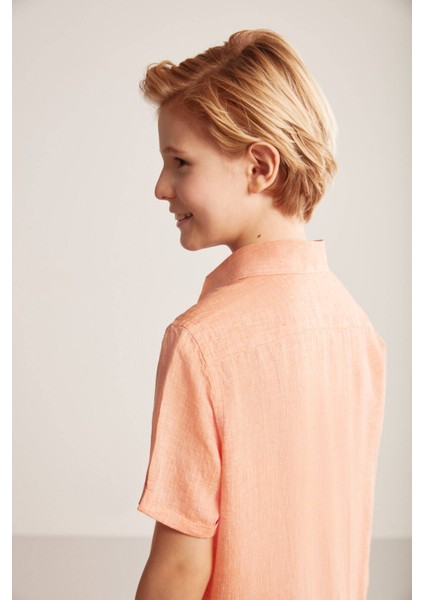 Kısa Kollu Saf Keten Turuncu Çocuk Gömlek modelleri