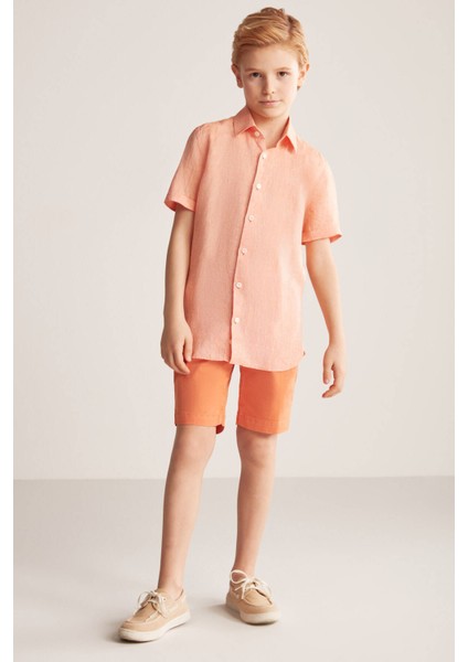 Kısa Kollu Saf Keten Turuncu Çocuk Gömlek fırsatları
