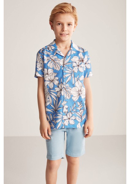 Çiçek Desenli Keten Pamuk Karışımlı Mavi Çocuk Gömlek