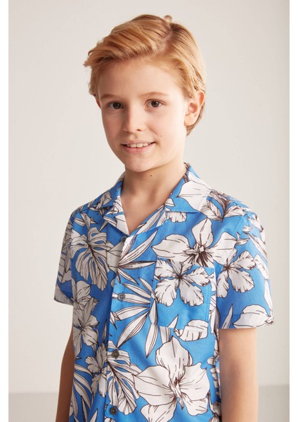 Çiçek Desenli Keten Pamuk Karışımlı Mavi Çocuk Gömlek fiyatları