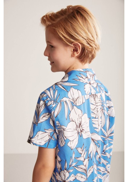 Çiçek Desenli Keten Pamuk Karışımlı Mavi Çocuk Gömlek modelleri