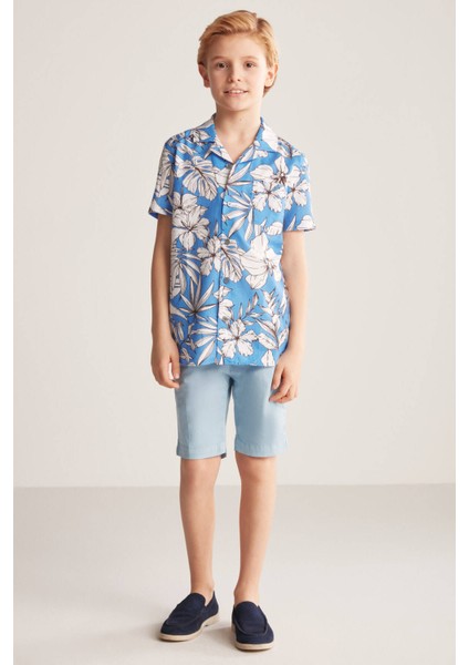 Çiçek Desenli Keten Pamuk Karışımlı Mavi Çocuk Gömlek fırsatları