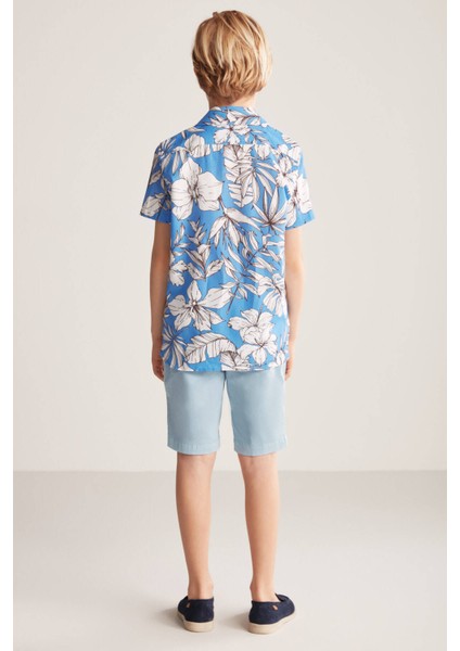 Çiçek Desenli Keten Pamuk Karışımlı Mavi Çocuk Gömlek indirimleri