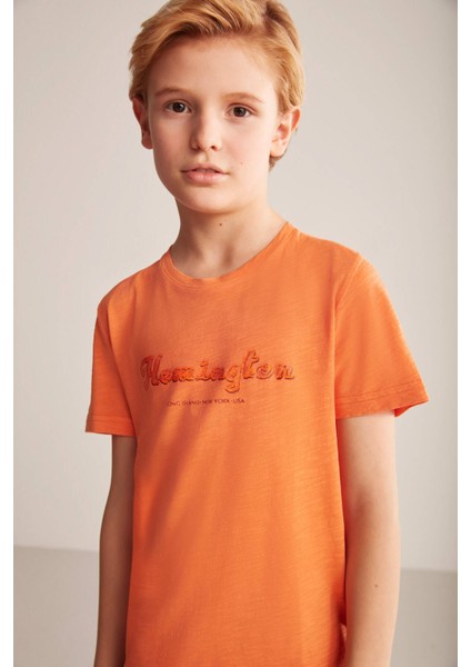 Nakış Logolu Bisiklet Yaka Turuncu Pamuk Çocuk T-Shirt