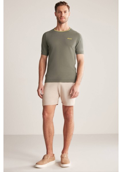 Nakış Logolu Yaka Detaylı Haki Triko T-Shirt fiyatları