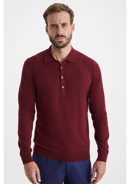 Polo Yaka Merino Yün Bordo Triko