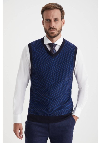 Çizgi Desenli Lacivert Lambswool Yün Triko Süveter