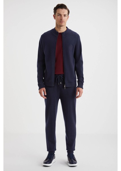 Arma Detaylı Fermuarlı Lacivert Triko Spor Ceket