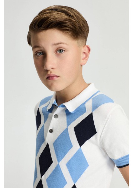 Mavi Beyaz Baklava Desen Çocuk Triko Polo
