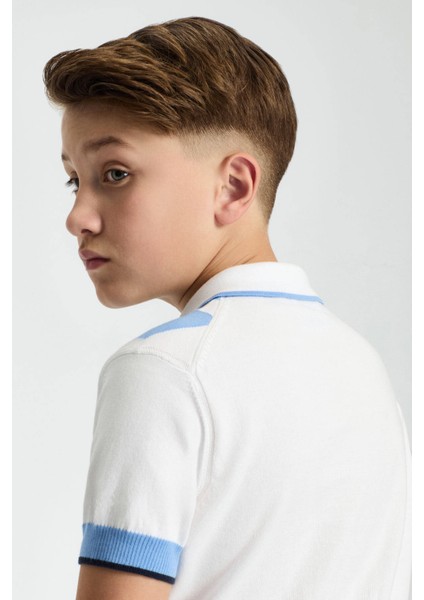 Mavi Beyaz Baklava Desen Çocuk Triko Polo modelleri