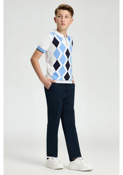 Mavi Beyaz Baklava Desen Çocuk Triko Polo fırsatları