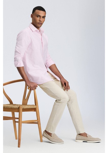 Saf Pamuk Pembe Çizgili Oxford Gömlek