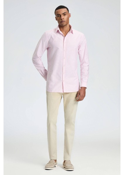 Saf Pamuk Pembe Çizgili Oxford Gömlek modelleri