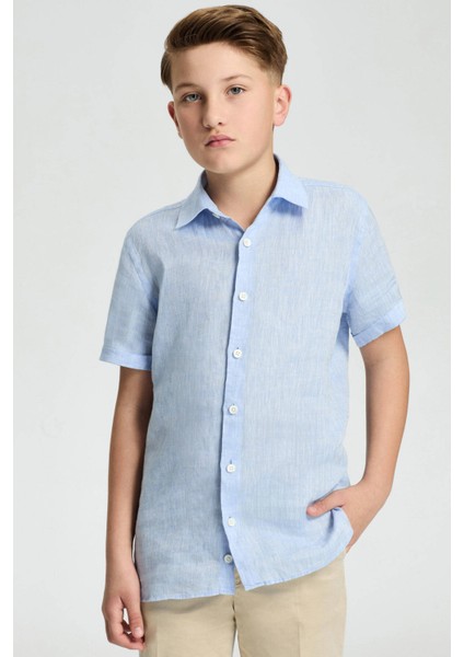 Kısa Kollu Saf Keten Gök Mavisi Çocuk Gömlek