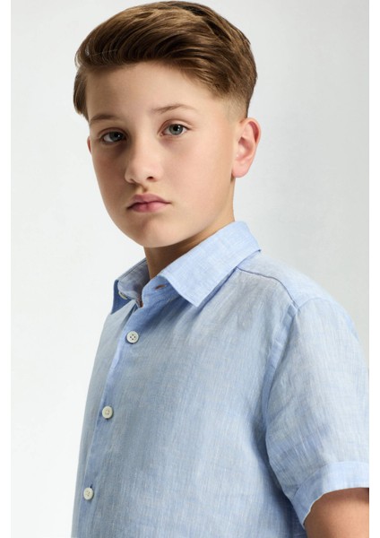 Kısa Kollu Saf Keten Gök Mavisi Çocuk Gömlek modelleri