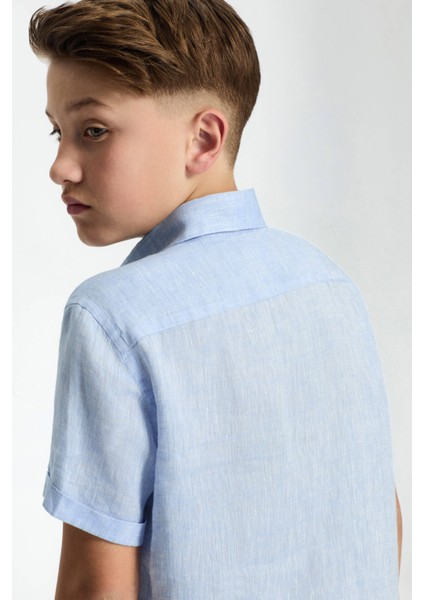 Kısa Kollu Saf Keten Gök Mavisi Çocuk Gömlek fırsatları
