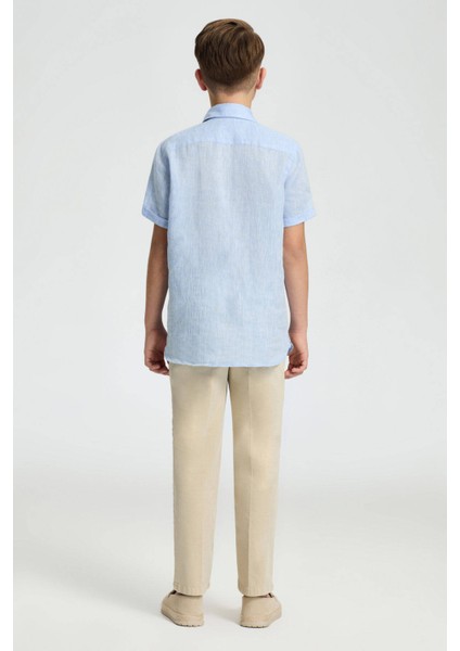 Kısa Kollu Saf Keten Gök Mavisi Çocuk Gömlek indirimleri