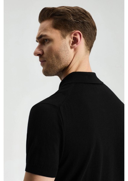 Baklava Desenli Giza Pamuk Siyah Triko Polo modelleri