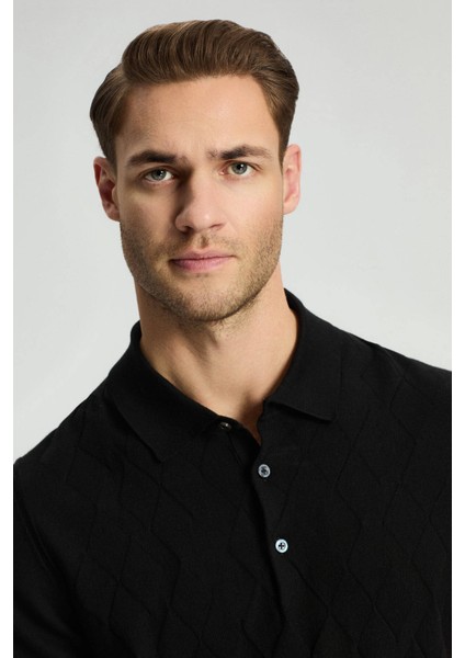 Baklava Desenli Giza Pamuk Siyah Triko Polo fırsatları