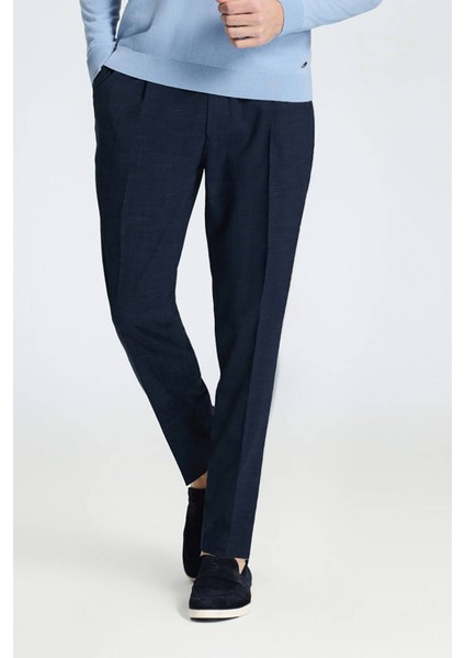 Keten Yün Karışım Lacivert Klasik Dokuma Pantolon