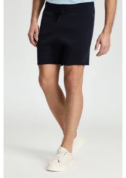 Bağcıklı Nakış Logolu Lacivert Triko Şort