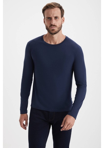 Kaşmir Karışım Lacivert Uzun Kollu T-Shirt