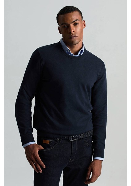 Kaşmir Karışım Bisiklet Yaka Lacivert Triko