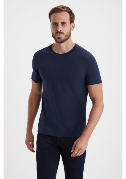 Kaşmir Karışım Bisiklet Yaka Lacivert T-Shirt