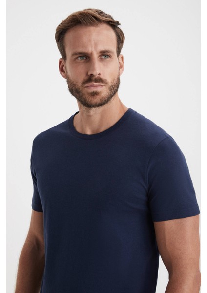 Kaşmir Karışım Bisiklet Yaka Lacivert T-Shirt modelleri