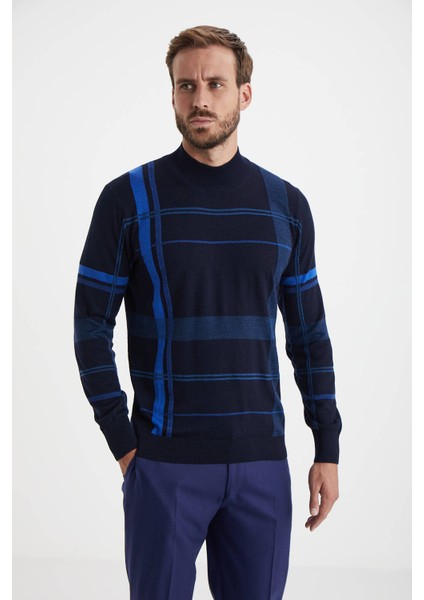 Çizgi Desenli Yarım Balıkçı Yaka Lacivert Merino Yün Triko