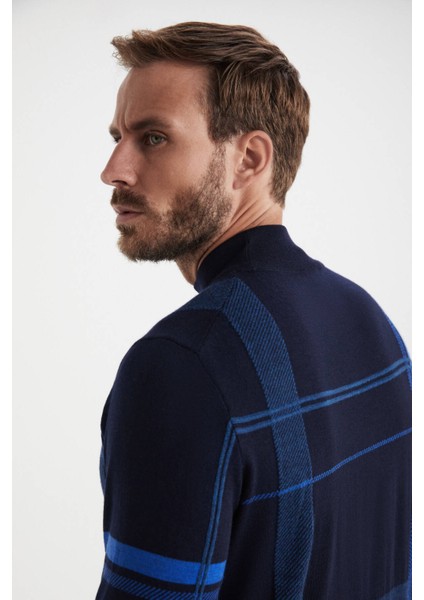 Çizgi Desenli Yarım Balıkçı Yaka Lacivert Merino Yün Triko fırsatları