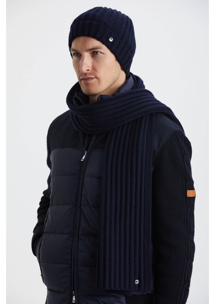 Örgü Desenli Merino Yün Lacivert Atkı