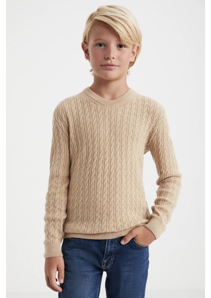 Saç Örgü Desenli Lambswool Camel Çocuk Kazak