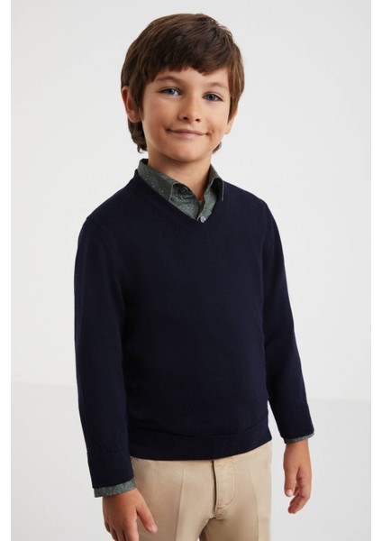 V Yaka Merino Yün Lacivert Çocuk Triko