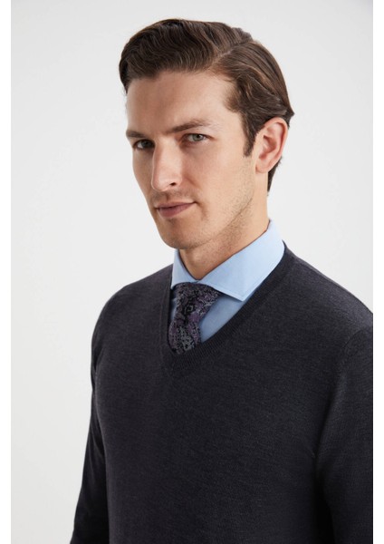 V Yaka Merino Yün Antrasit Triko indirimleri