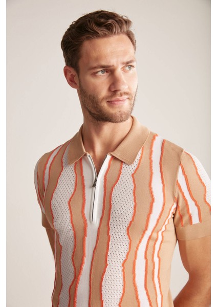 Çizgi Detaylı Kum Rengi Giza Pamuk Triko Polo