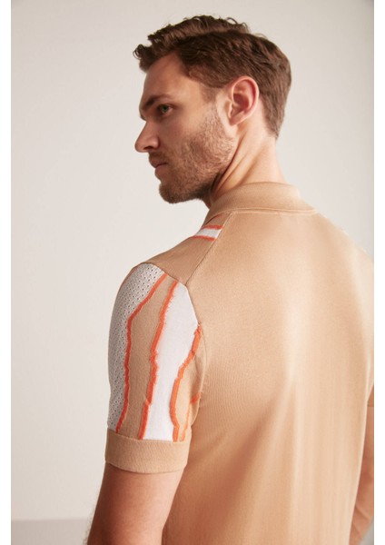 Çizgi Detaylı Kum Rengi Giza Pamuk Triko Polo modelleri