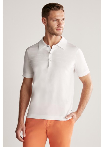 Çizgi Desenli Beyaz Giza Pamuk Triko Polo fırsatları