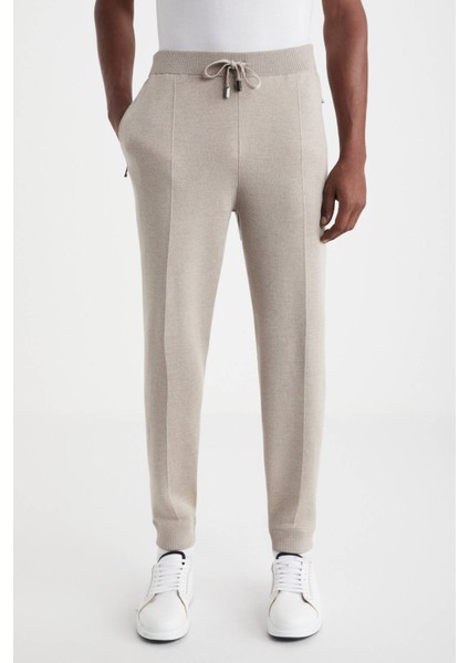 Kum Rengi Merino Yün Activewear Triko Pantolon