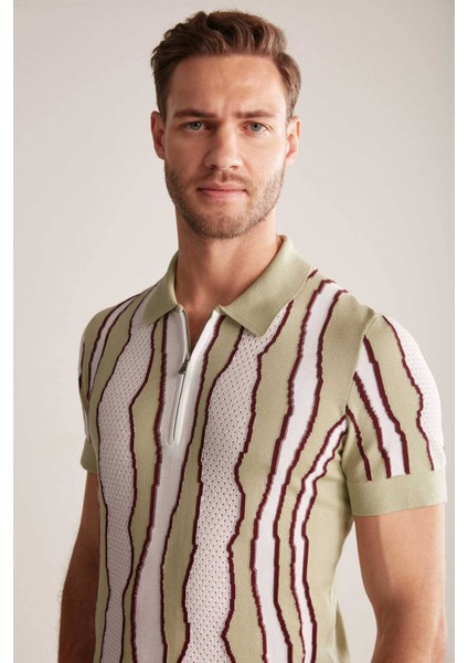 Çizgi Detaylı Yeşil Giza Pamuk Triko Polo