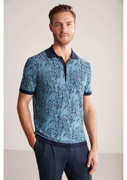 Etnik Desenli Lacivert-Mavi Giza Pamuk Triko Polo