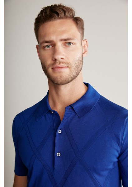 Baklava Desenli Mavi Giza Pamuk Triko Polo