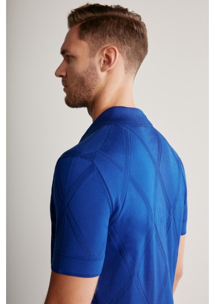 Baklava Desenli Mavi Giza Pamuk Triko Polo modelleri