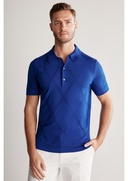Baklava Desenli Mavi Giza Pamuk Triko Polo fırsatları