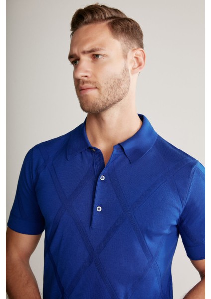 Baklava Desenli Mavi Giza Pamuk Triko Polo indirimleri