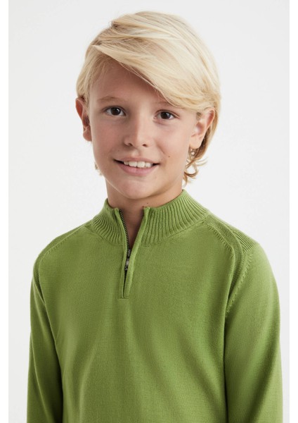 Fermuarlı Merino Yün Yeşil Activewear Çocuk Triko